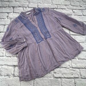 J. Jill Purple Boho Blouse Small Petite Embroidered Gauze Fabric 3/4 Sleeve
